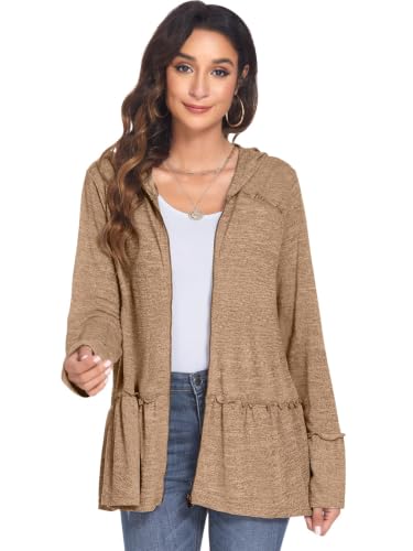 Image of DEESHA Plus Size Zip Up Hoodie for Curvy Women Spring Ruffle Hooded Sweatshirts Jacket Cardigans Lightweight