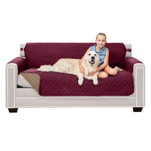 Sofa Shield Couch Slip Cover with Patented Strap, Cushion Protector, US Designed Reversible Stain and Dog Tear Resistant Slipcover, 62 inch Seat, Washable Covers for Dogs Pets, Burgundy Tan