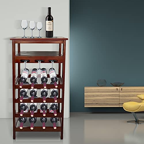 Wine Rack, Natural Wine Racks Countertop, 16 Bottles Pine Wine Rack Freestanding Floor With Glass Holder & Table Top, Wobble-Free 4-Tier Wine Storage Organizer For Kitchen, Pantry, Cellar, Bar #TOP1
