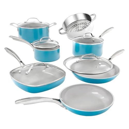 SYGZMY Utensilios de Cocina de cerámica antiadherentes de 12 Piezas, Incluye sartenes, ollas y cacerolas, Asas Stay Cool