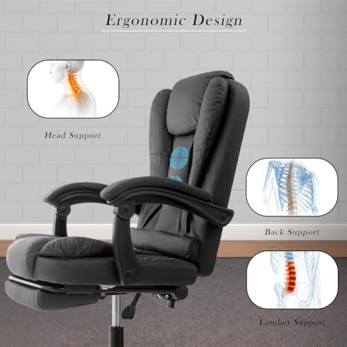 Image of Casa Copenhagen Italia Leatherette Office Chair for Work | Boss Chair, Ergonomic Executive, Luxurious Cushioned Arms & Seat, 2 Point Back Massager, Adjustable Leg Rest, Heavy Duty Metal Base (Black)