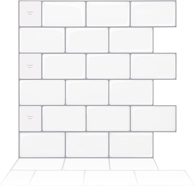 Amazon Brand  Umi 12"x12" Kitchen Wallpaper Self Adhesive Wall Tiles White, Splashback for Kitchen and Bathroom,Subway Tile Stickers Wall Panel (10 Sheets, Thicker) (White)