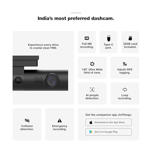 Image of JioEyeQ Dashcam (2026) with GPS |1080p Camera | 140 Ultrawide FOV | AI Pedestrian Detection | 32GB Micro SD Included | Night Vision| Emergency Recording | Collision Detection | Built in Wi-fi & Mic