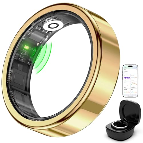 FitElf 3 Pro Smart Ring in gold, featuring health and fitness tracking technology, alongside a charging case and smartphone app interface for monitoring fitness data.