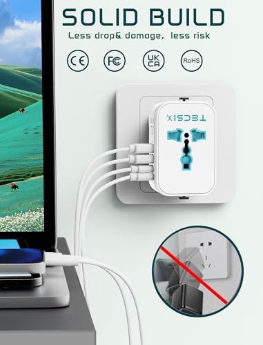 Image of Universal Travel Adapter Worldwide, TECSIX International Plug Adapter with 2 USB-C & 2 USB-A Ports, 5-in-1 Travel Power Adapter for EU UK US AUS, Compact Travel Essentials for 200+ Countries