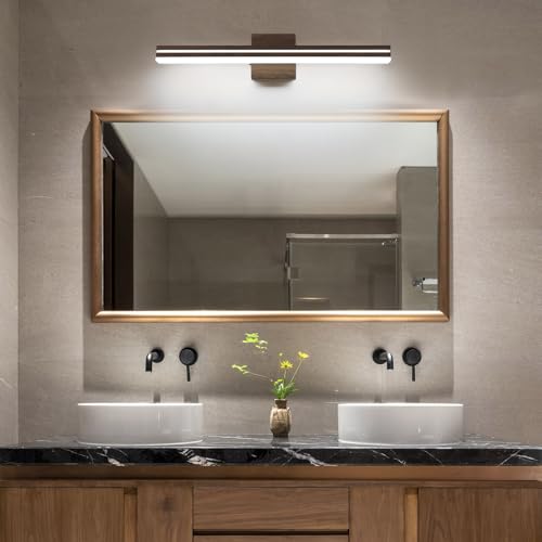 Image of SineRise LED Modern Bathroom Vanity Light Fixtures (24-Inch, 3000K /4000K /6000K, Dimmable), Brown Wood Painted Modern Acrylic Bathroom Wall Lighting Fixtures Over Mirror