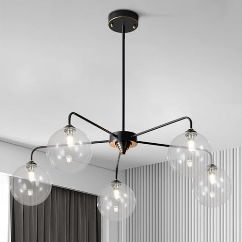 Image of Mid Century Modern Sputnik Chandelier 5 Light Black Chandelier Clear Glass Globe Sputnik Chandelier for Dining Room Bedroom Kitchen