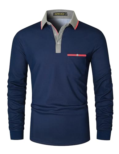 KUNJLELP Polos Hombre Manga Larga con Bolsillo Escote de Color Poloshirt Otoño Camisa Golf Trabajo Camisetas,A-Azul,XL