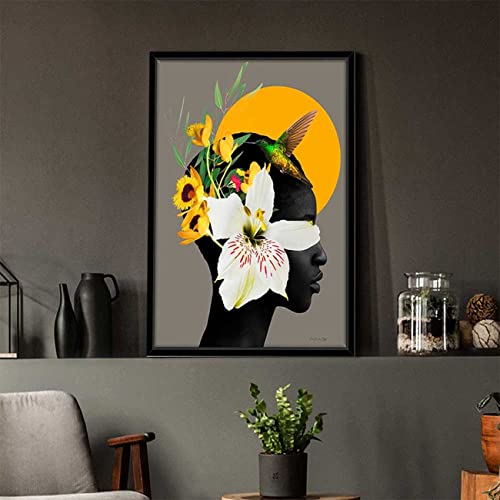Image of PAINTINGMANTRA Marigold Yellow Girl Flower Bouquet Black Framed Canvas Print for Wall, Home and Living Room Decoration (Size - 23 x 17 Inchs)