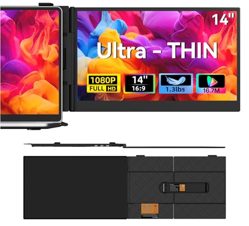 Laptop Screen Extender, 1.3lb Ultra Lightweight 14' 1080P FHD Portable Monitor for Laptop, Plug & Play Dual Travel Screen Monitor, Laptops Dual Monitors Attachment, Fits Windows/Mac/Android/Chrome