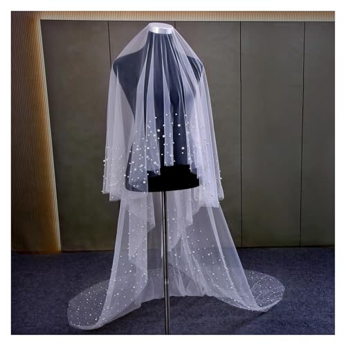 Velo de novia de tul suave catedral con sofisticadas perlas de dos niveles 6