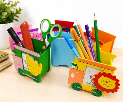 Image of GOLD LEAF Wooden Pen Stand with Photo Frame Birthday Return Gifts for Kids (Multicolor, Pack of 6) (Train)