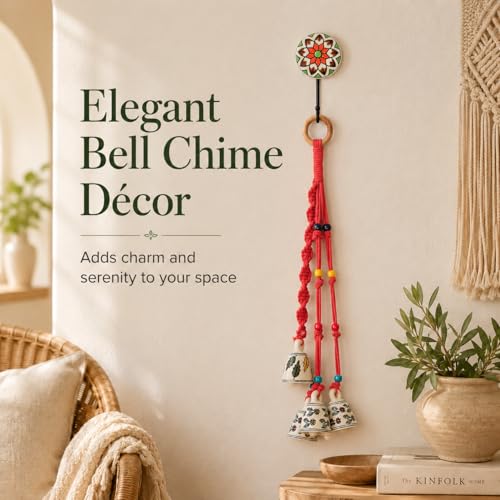 Image of KAAMERI BAZAAR Macrame Wind Chimes Enhance Living Space for Diwali (4 Bells, 1 Ring Tied with Red Macrame Thread)