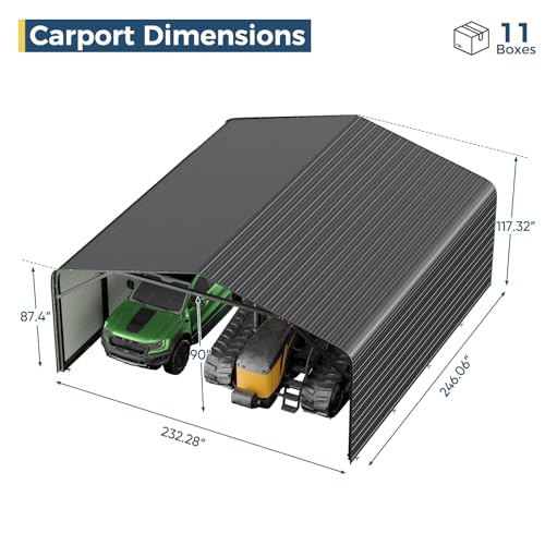 Image of Military-Grade Metal Carport 20x20 FT,Heavy Duty Garage 2-Sided Enclosure | 2x2 inch Steel Poles with Powder Coating, 15-Gauge Walls,120 PSF Snow Load Roof, Hurricane Resistant, Pickup, Truck, Black