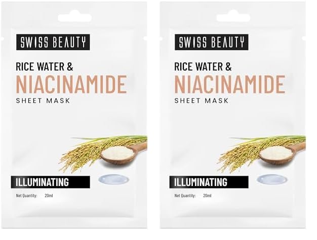 Image of Swiss Beauty Rice Water & Niacinamide Illuminating Sheet Mask | Serum-infused Sheet mask | Minimises open pores | Control excess oil | 20ml (Pack of 2)