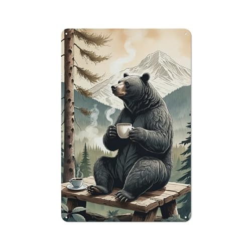 CDSASHCA Rustic Bear And Coffee Tin Metal Signs for Cozy Cabin Wall Decor Art,Perfect Wilderness-Themed Wall Art to Add Vintage Charm And Warmth to Your Lodge,Lake House,Mountain Getaway 8x12 inch