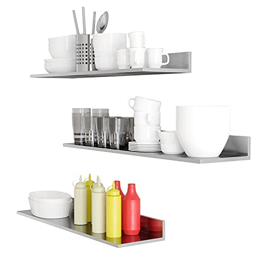 Get Cheap Price Wallniture Plat Stainless Steel Floating Shelves for Wall, 30.75" Metal Wall Shelves for Restaurant, Bar, Cafe, Kitchen Organization and Storage, Silver Set of 3
