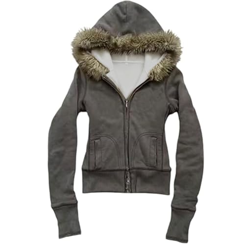 RONICY Fur Hoodie Y2k Hoodie Cheetah Print Streetwear Jacket Emo Long Sleeve 2000s Clothing for Women Grunge Jacket (Grey Medium)