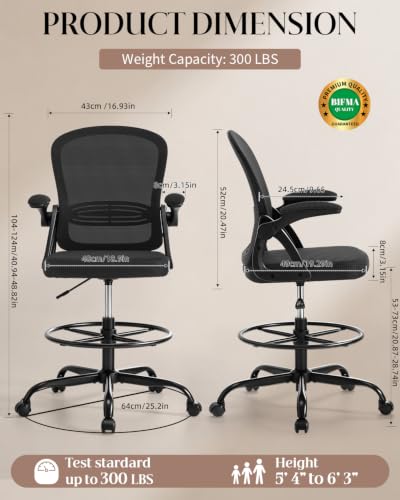 Image of Drafting Chair with Tall Office Chair for Standing Desk | Flip-up Armrests, Adjustable Lumbar Support, Height‑Adjustable Footrest Ring & Seat, Ergonomic Tall Desk Chair