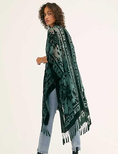 Women's Coverups Burnout Velvet Cardigan Casual Outfit Long Cover Up Kimono with Tassel3