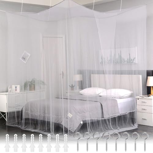 PUERHUACI Moustiquaire Lit Double Blanche 180x180x195cm,Ciel de Lit Cabane Polyester de Suspendu,Moustiquaire pour Lit Baldaquin avec Ouvertures Latérales