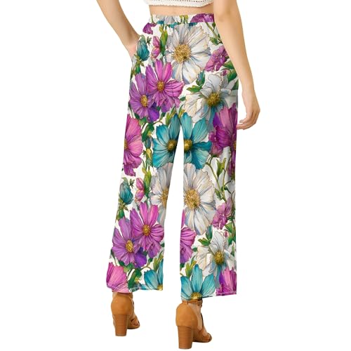 Womens Boho Floral Wide Leg Pants Casual Loose Elastic High Waisted Drawstring Palazzo Pants with Pockets2