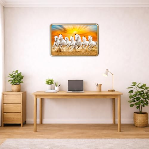 Image of XOPY Seven Running Horses with Golden Frame | Vastu 7 horses Raw Pyrite Painting for Home, Office & Living Room Wall Decore | 12X18 Inch Sparkle Laminated Frame | Best For Gifting (53316, 12X18)