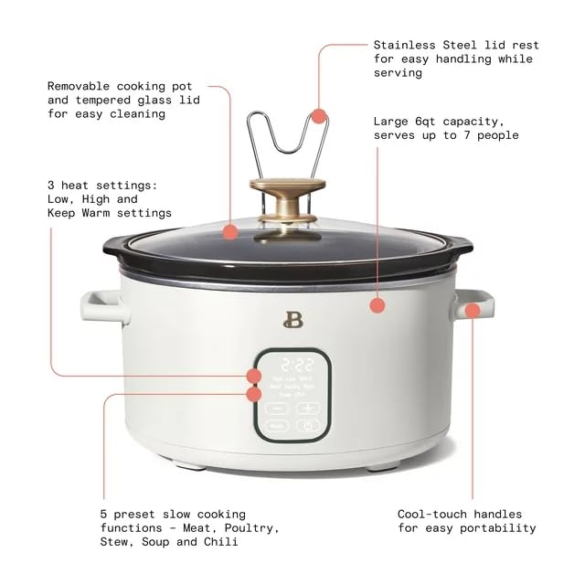 Beautiful-6-Qt-5-in-1-Programmable-Slow-Cooker-Meat-Poultry-Stew-Soup-And-Chili-3-Heat-Settings-Low-High-and-Keep-Warm-Oven-Safe-Pot-to-500F-White-Icing