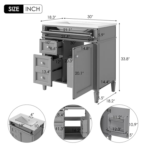 Image of Favfurish 30-Inch Bathroom Vanity with Sink Combo,Undermount Single Basin Vanity Set w /Tip-Out and 2 Drawers,1 Soft Closing Door,Modern Storage Cabinet for Small Space Bathroom,Easy Assembly,Grey