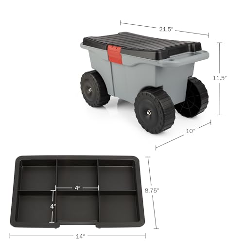 Image of Pure Garden Rolling Garden Cart with Seat - Plastic Storage with Bench and Interior Tool Tray - Gardening Stool for Weeding and Planting (Gray)