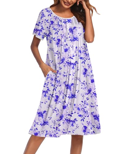 Ekouaer Womens House Dress Moomoo Nightgown with Pockets Short Sleeve Mumu Nightgown Button Down Sleepwear