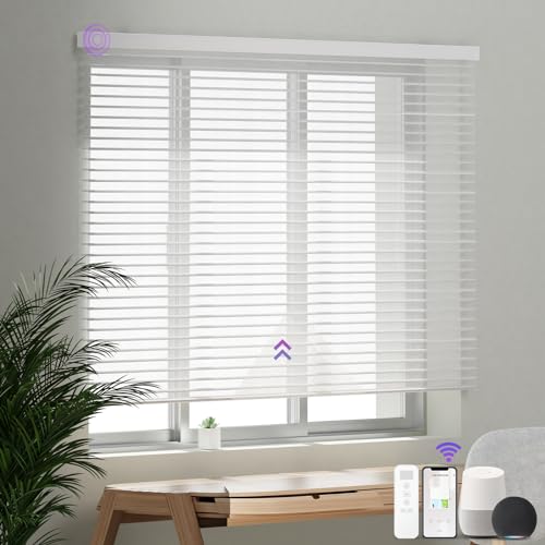Smart Blinds Motorized Horizontal Window Blinds, Astomi Automatic Shangri-la Sheer Shades with Remote Electric Roller Blinds Cordless Light Control Work with Alexa Google Home 60% Blackout, White