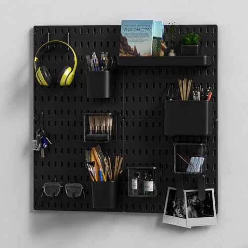 Image of Gifts Island Pegboard Wall Organiser Set with 4 Boards, 16 Accessories & Self-Adhesive Stickers, Customisable Storage System for Office, Kitchen, Pegboard Wall Hanging (20, Black)