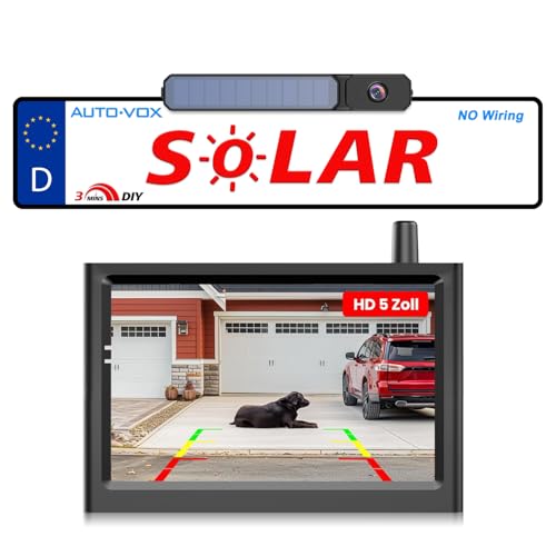 AUTO-VOX Solar Rückfahrkamera Kabellos: 3 Mins DIY Installation HD Rückfahrkamera Funk mit 5" Monitor, Stabilem Digitalem Signal, IP69K Wasserdicht Auto Rückfahrkameras für LKW, Wohnmobil, Pkw, SUV