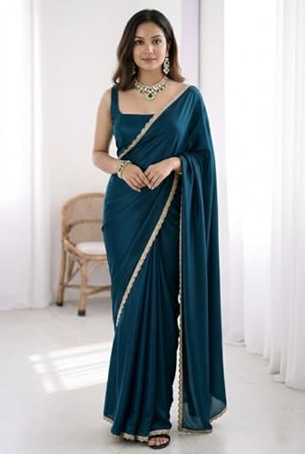 Image of SATAZ Women's Ready To Wear Teal Blue Satin Silk Saree Scalloped Border Readymade Stitched With Unstitched Blouse