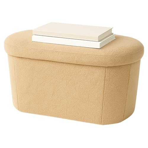 LAMBY HOME Banco Almacenaje - Puff Almacenaje Borreguito, Baul Almacenaje Dormitorio, Banco Zapatero Plegable, Puff Salon, Banco recibidor, Banco Pie de Cama, Reposapies Salon y Sofa, Beige, 78x38x38