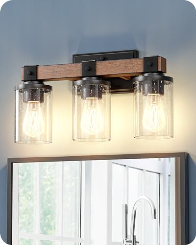 Image of EDISHINE 3-Light Painted Wood Farmhouse Vanity Light, Bubble Glass Shade | Up & Down Reversible Mounting, E26 Base, Industrial Farmhouse Design, Wall Sconces Lamp for Bedroom, Powder Room