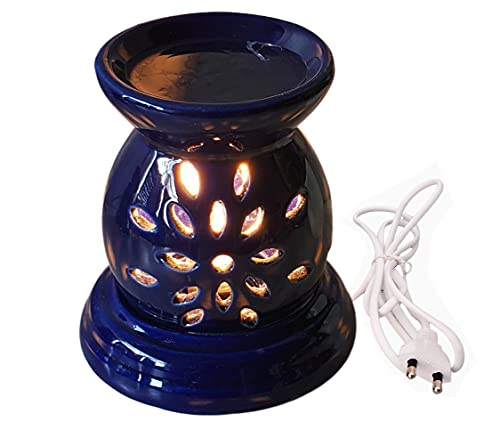 Image of Indian Fragrance Ceramic Electric Aroma Diffuser Lamp| Oil Burner Night Lamp for Home, Bedroom & Office | Decorative Fragrance Diffuser with Warm Light (Nevy Blue, Rose)