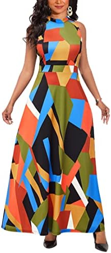 Halter Dresses for Women Floral Print Sleeveless Halter Loose Casual Party Maxi Dress with Belt X-Large