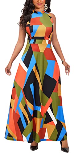 Halter Dresses For Women Floral Print Sleeveless Halter Loose Casual Party Maxi Dress With Belt X-Large #TOP17