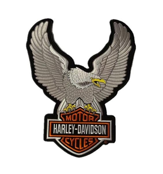 Harley Toppa Patch Aquila Eagle, Termoadesiva, Argento, 24x34 cm, per Giubbotti e Gilet - Ricamata - Alta Qualità