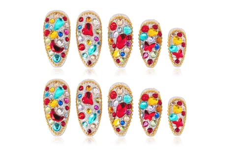 24Pcs Handmade Press on Nails, Bling Rhinestones Medium Length Al...