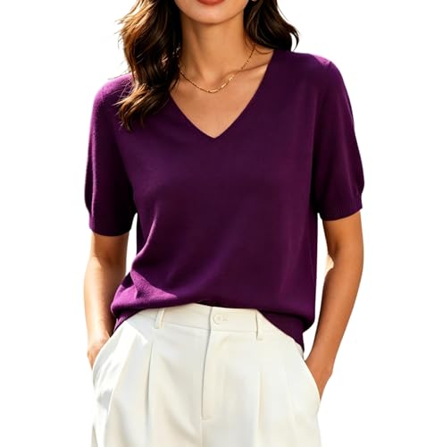 Image of DAIMIDY Women's Short Sleeve Sweater V Neck Summer Knit Tops | Business Casual Tops| Soft,Lightweight,Breathable and Comfortable| Perfect for Shopping,Date,Vacation,Daily Wear Etc.