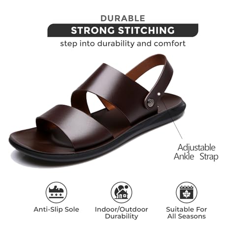 Mens Leather Hollow Out Casual Flat Sandals with Adjust Ankle Strap Round Open Toe Soft Sole Lightweight Outdoor Walking Slippers Shoes Summer Beach Sport Hiking Water Sandals3