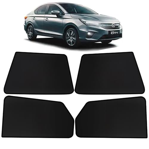 Image of OTO2EYE Car Sun Shade Compatible for Honda City Model-2020 to 2022, Z-Black Fix Type Side Window Curtains, Only Half Cut in Front Window, 4 Pieces Set