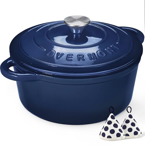 Overmont Olla de Hierro Fundido - Antiadherente Cacerola Holandesa de Esmaltado con Tapa - Ø26 cm Redonda Cacerola Holandesa para Cocinas de Inducción - Deep Indigo
