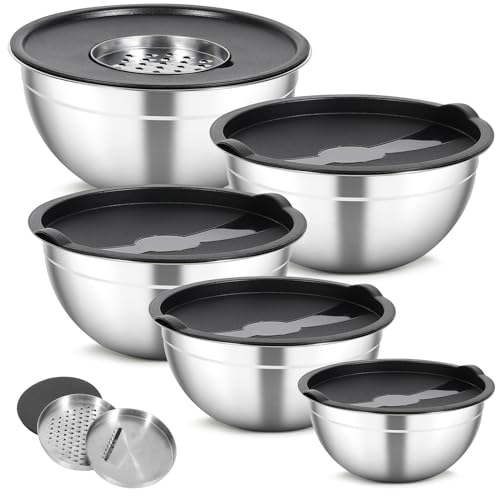 Cinnani 5 Juego de Acero Inoxidable Cuencos mezcladores con Tapa, Ensaladera, Cuenco Comida, Tazón de Cocina Multifuncional con 3 Rallar, Apilar