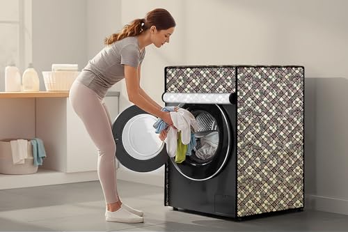 Image of Stylista Waterproof Front Load Washing Machine Cover Compatible for Haier 8 kg, Luxury Pattern Yellow