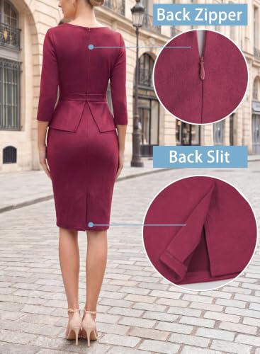 Image of VFSHOW Womens Pleated Crew Neck Peplum Slim Work Business Bodycon Dress | 3 /4 Sleeves, Professional Elegant Church, Funeral, Spring Fall, Fitted Office Pencil Sheath Dress