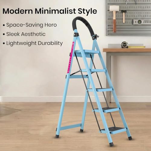 Image of Casa Copenhagen Teal Blue 5 Step Ladder for Home Use with Built-in Tool Tray | Heavy Duty D Shape Rods | Ultra Large Platform | 150Kg Capacity Foldable Ladder - 7 Years Warranty